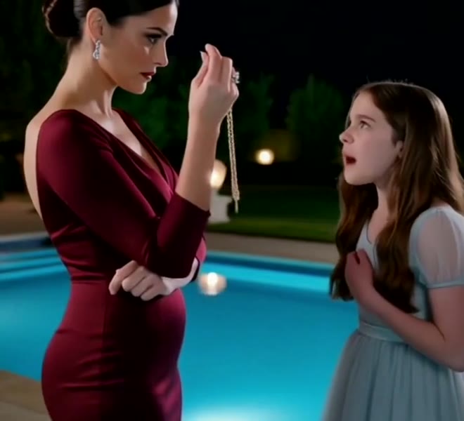 Vivian holds up Lily's mother's necklace beside the pool