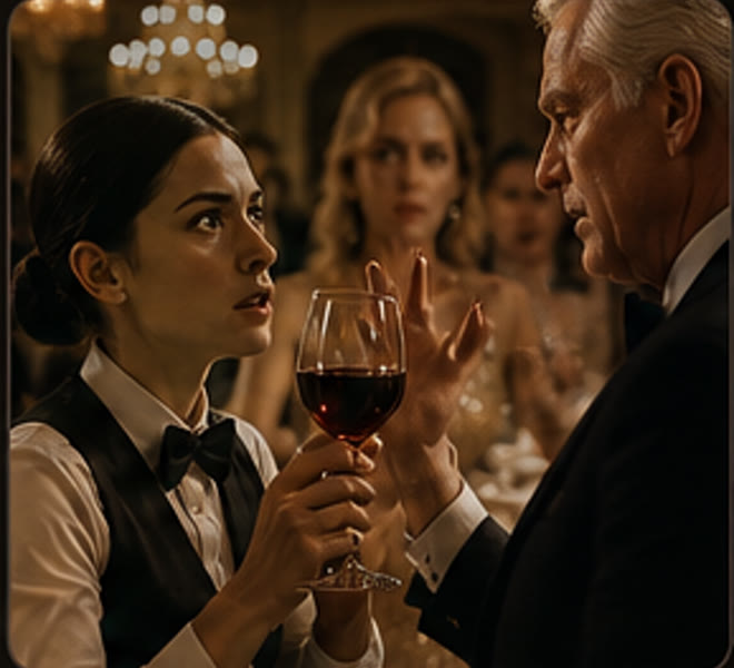 Nora stops Adrian Whitmore's glass at the head table